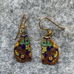 Laurel Burch Flowering Baby Felines Gold Toned And Enamel Earrings